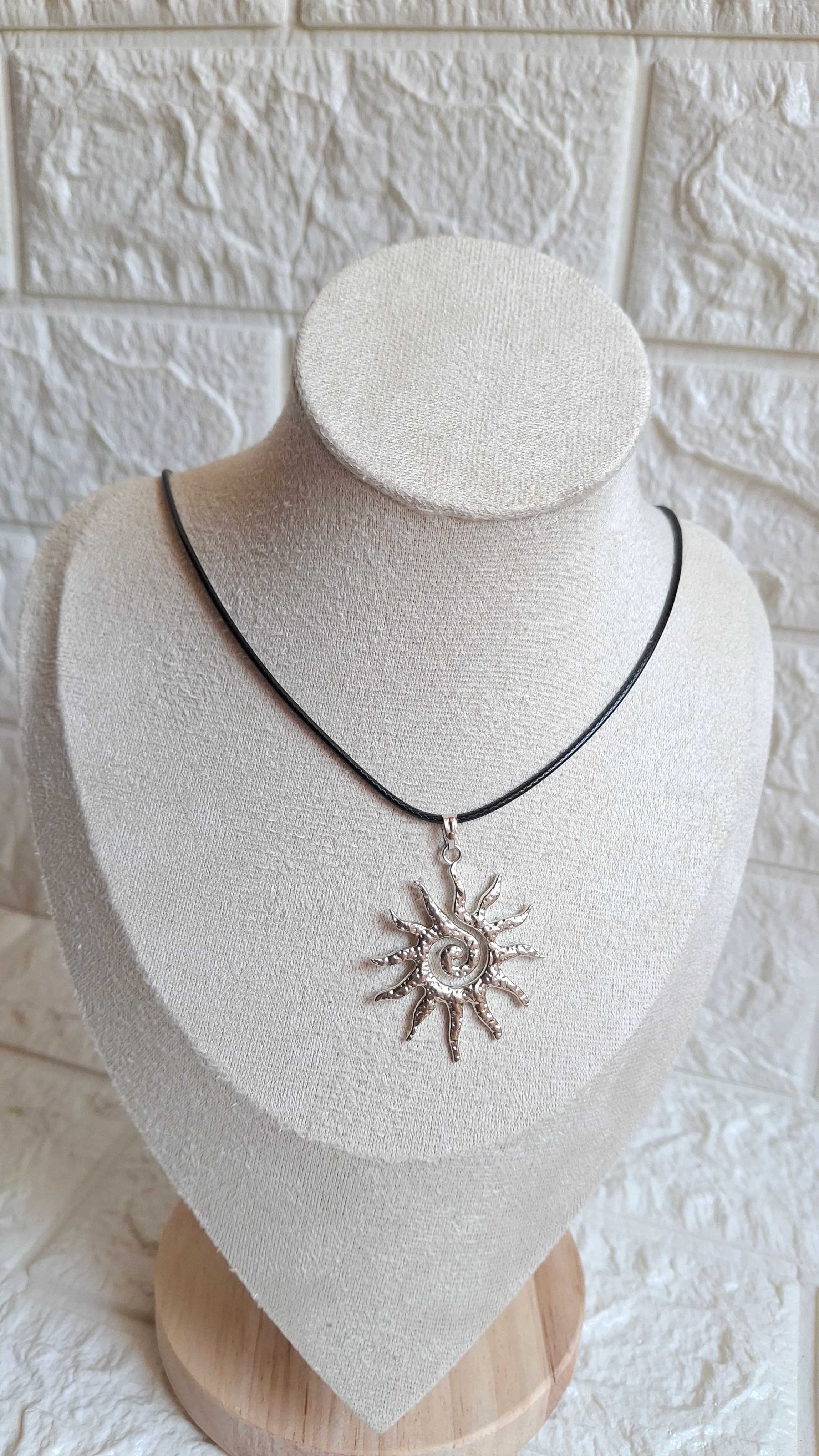 Silver Celestial Sun Necklace on Black Cord 